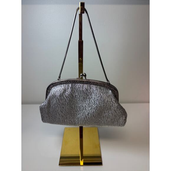VTG Glam 50s 60s Retro Mod Silver Metallic Evening Bag Purse Clutch Retro Sparkl - Picture 2 of 6